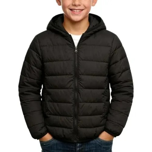 Boys Lightweight Quilted Puffer Hoodie Zip Up Jacket
