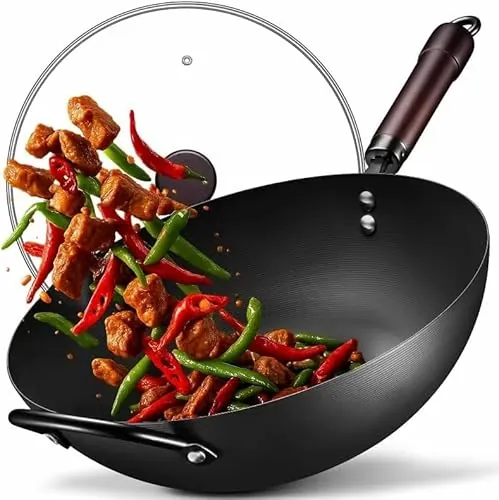 CGJ 13" Flat Bottom Pre-Seasoned Carbon Steel Wok w/ Glass Lid