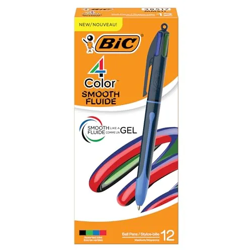 BIC 4 Color Smooth Retractable Ballpoint Pen with Gel-Like Ink and Easy Color Switching 12-Count