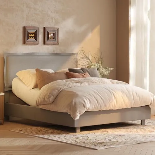 FLEXISPOT Queen All-in-One Adjustable Bed Frame w/ Upholstered Headboard & 600 lb Capacity (Light Grey)