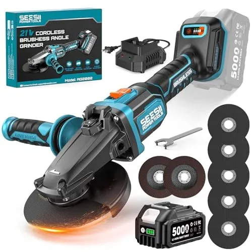 SEESII Flathead Brushless Angle Grinder with 5.0Ah Battery