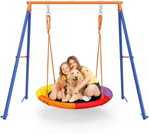 GIKPAL 440lbs Swing Set for 2-3 Kids with Heavy-Duty Metal Frame & Adjustable Ropes Round Swing, Rainbow