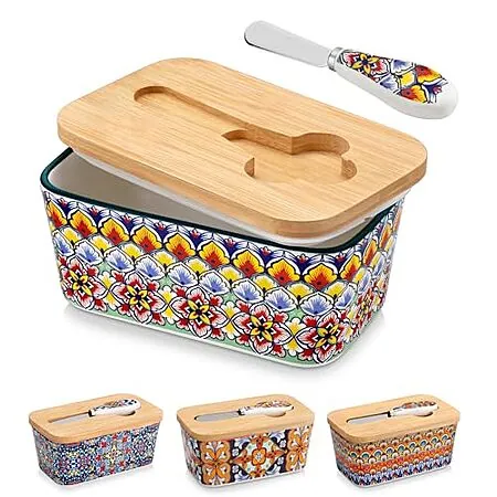 6.5" Vancasso Ceramic Butter Dish w/ Bamboo Lid & Butter Knife (Various)