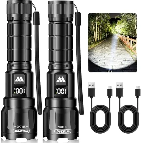 2-Pack WdtPro Rechargeable LED Tactical Flashlights with LCD Battery Display (Zoomable)