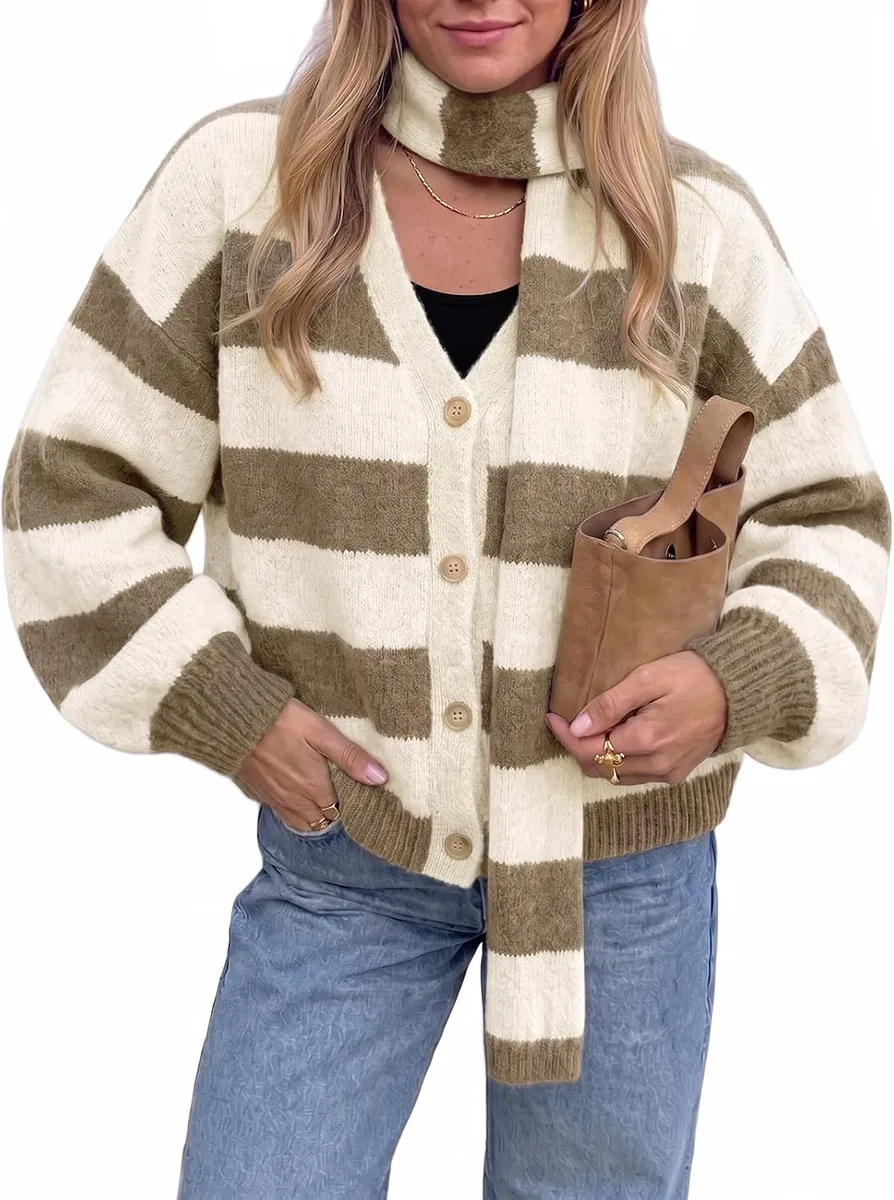 Tankaneo Women’s Striped Cardigan w/ Scarf