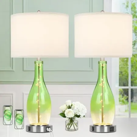 2-Pack BesLowe 26" Glass Table Lamps w/ 2x USB Charging Ports & Night Light