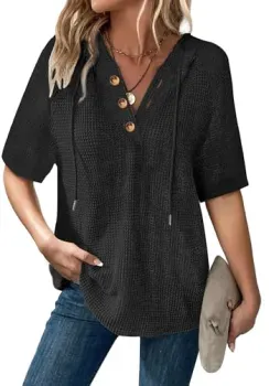 Dimur Waffle Knit Hooded V-Neck Pullover Women's Top