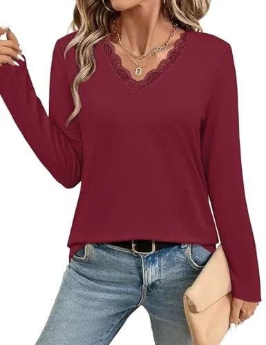 JUSTFASHIONNOW Women's Lightweight Lace V Neck Long Sleeve Shirt