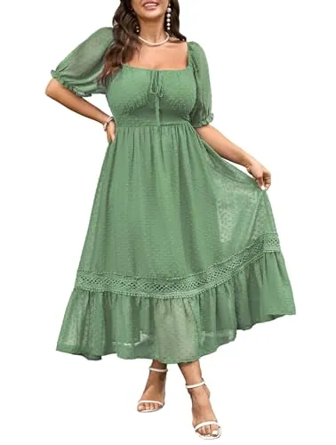 SHESTARR Women's Plus Size Maxi Dress Short Sleeve Square Neck Tie Front Swiss Dot A Line Wedding Guest Dresses Mint Green