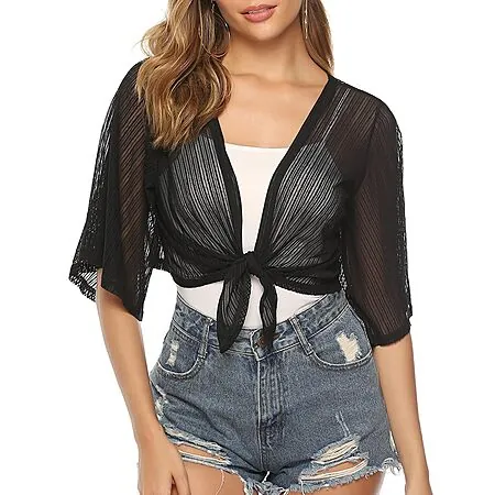 iClosam Women's Tie Front Short Sleeve Chiffon Bolero Shrug Cardigan