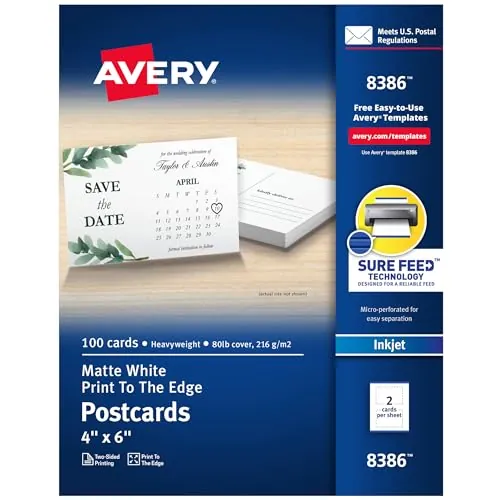 Avery Printable Postcards, 4" x 6", Matte White, 100 Cards
