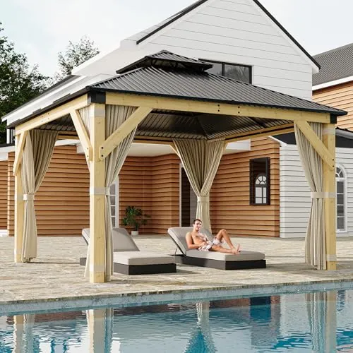 Garvee 12x12 ft Hardtop Gazebo with Nettings and Curtains