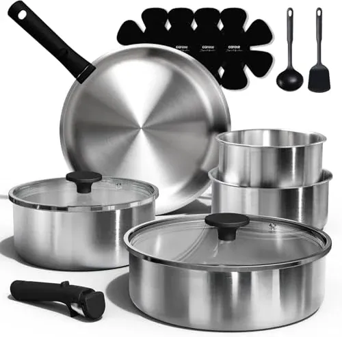 CAROTE 15-Piece Tri-Ply Stainless Steel Cookware Set with Detachable Handle