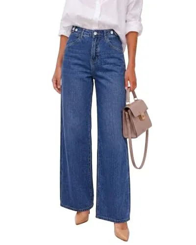 GRAPENT Women's High Waisted Baggy Stretch Wide Leg Jeans (Indigo Skyblue)