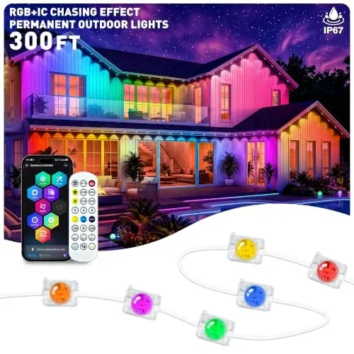 CINSGAG 300FT RGB+IC Permanent Outdoor Lights, IP67 Waterproof Smart LED Eave Lights