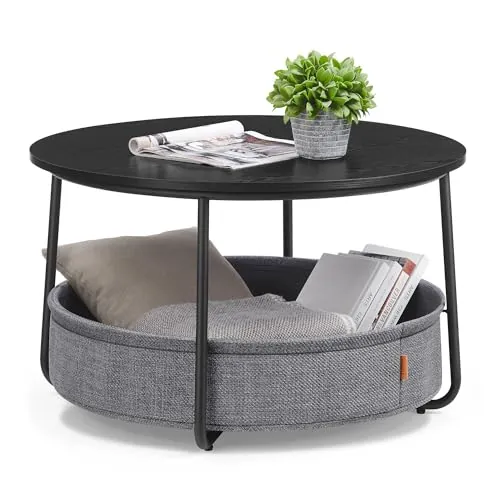 VASAGLE LILEA 29.5" Round Coffee Table w/ Fabric Storage Basket & Metal Frame