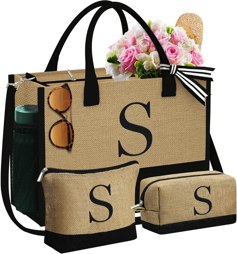 Initial Canvas Bag 3-Pack Set in Tan & Black