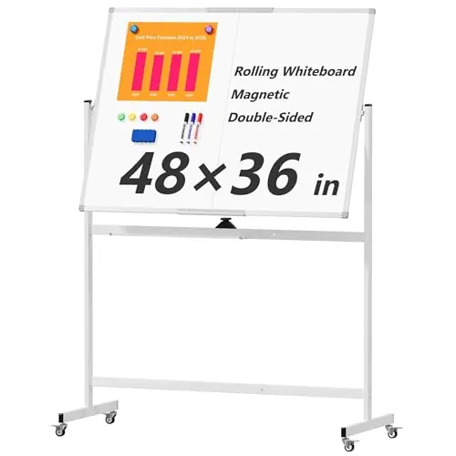 Large Rolling Whiteboard on Wheels, 48" x 36" Double-Sided Mobile White Board with Stand