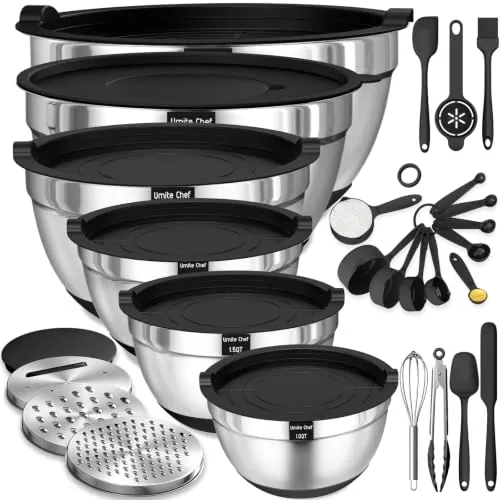 Thickened Heavy-Duty 26pcs Stainless Steel Mixing Bowl Set with Lid and Grater Attachment