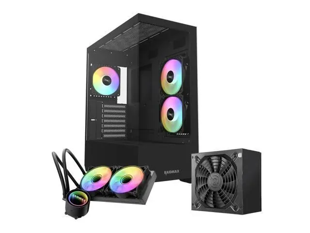 RAIDMAX I801 ATX Gaming PC Case Bundle, Panoramic Tempered Glass Mid Tower, Pre-Installed 3x ARGB Fans, 700W PSU + 240mm Liquid Cooler
