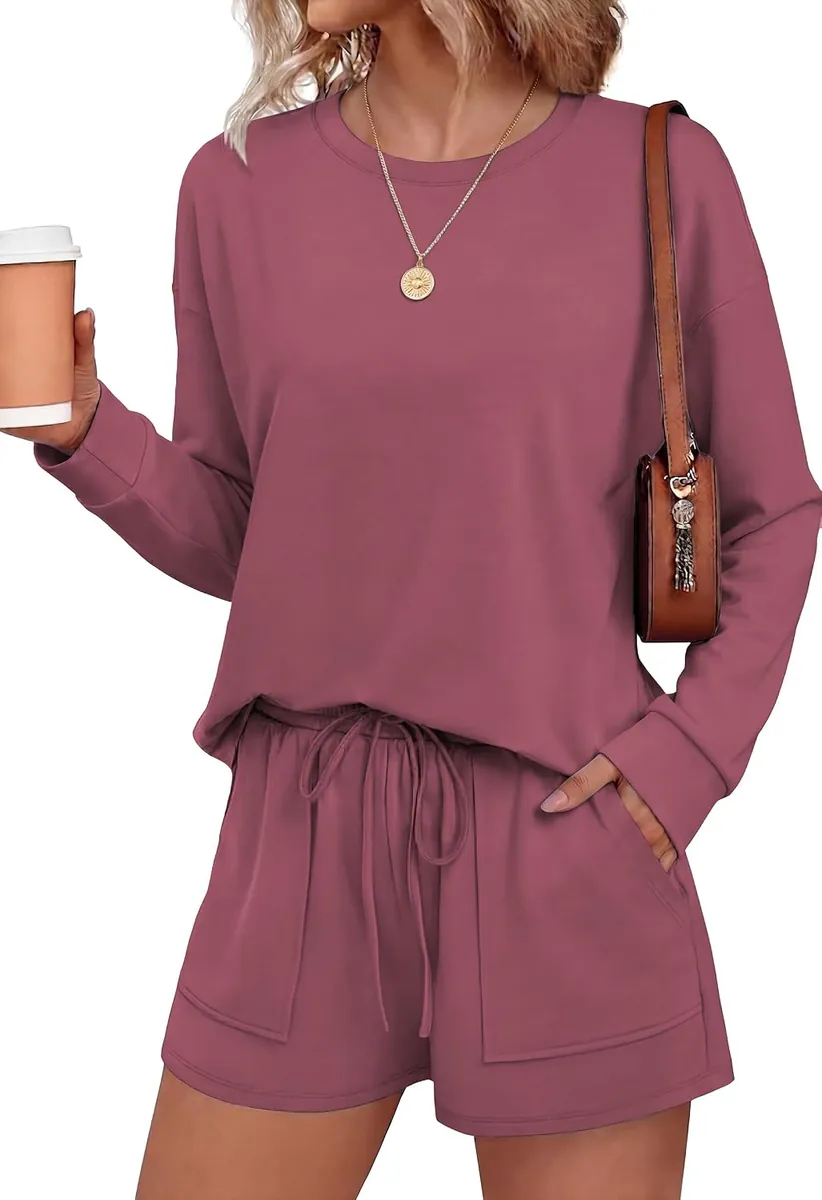 Ekouaer Long Sleeve Top & Shorts Set