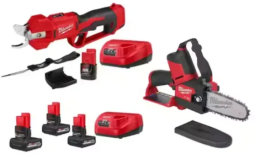 Milwaukee M12 Pruner Shears Kit w/ 2.0 Ah Battery & Charger, M12 HATCHET, (3) M12 HO 5.0 Ah Batteries