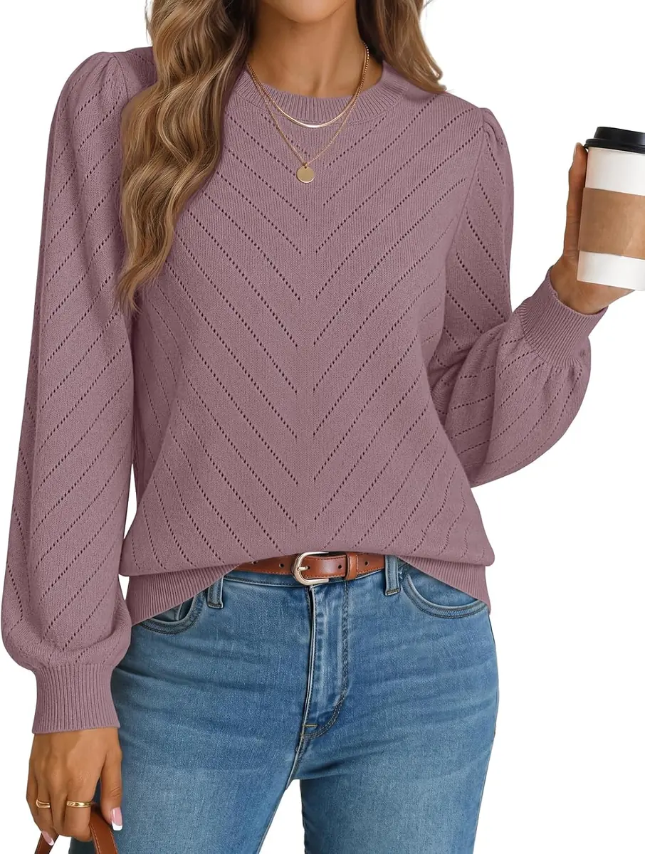 MEROKEETY Textured Puff Sleeve Sweater