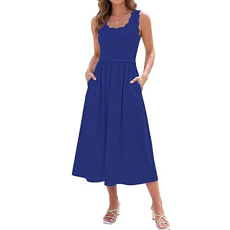 AUMORA Women's A line Sleeveless Scoop Neck Flowy Dress w/ Pockets