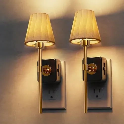LOHAS LED Dimmable Plug-In Night Lights 2-Count with Fabric Shades & Dusk-to-Dawn Sensor