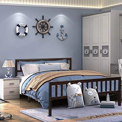 Giantex Queen Solid Pine Wood Platform Bed Frame w/ Headboard & Footboard (Espresso)