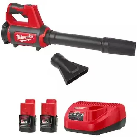 Milwaukee M12 12V Lithium-Ion Cordless Compact Spot Blower with M12 Compact 2.0 Ah Battery (2-Pack) Starter Kit and Charger