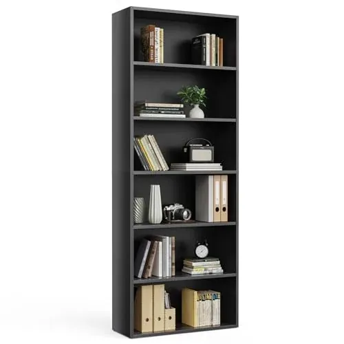DUMOS 6-Tier 63" Open Freestanding Wood Book Case (Modern Black)