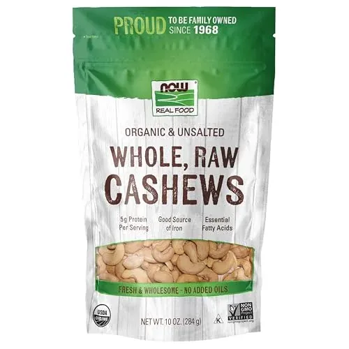 NOW Foods Organic Cashews, Whole, Raw, Unsalted 10-Oz