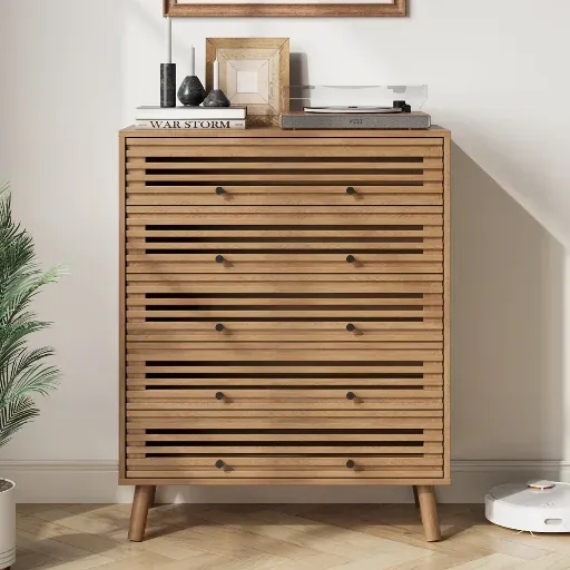George Oliver 5-Drawer Mid-Century Modern Slatted Dresser (Oak)