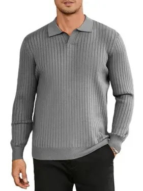 Hardaddy Men's Ribbed Knit Long-Sleeve Polo Sweater