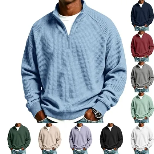 Waffle Knit Quarter Zip Men Mock Neck