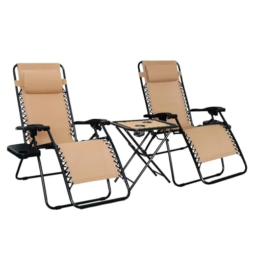 Amazon Basics Outdoor Textilene Adjustable Zero Gravity Folding Reclining Lounge Chair Set with Cup Holder