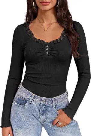 Kate Kasin Women's Lace Henley Long Sleeve Ribbed Top