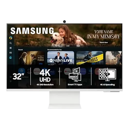 Samsung 32” 4K 60Hz VA panel Smart Monitor, USB-C 65W power delivery, HDMI and USB-A, Built-in 10W Speakers, White (LS32FM803UNXZA)