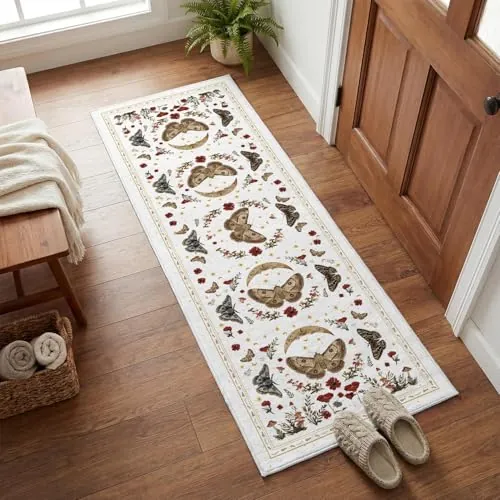 Artoid Mode White Poppy Moth Mushroom Moon Runner Rug 2x6"