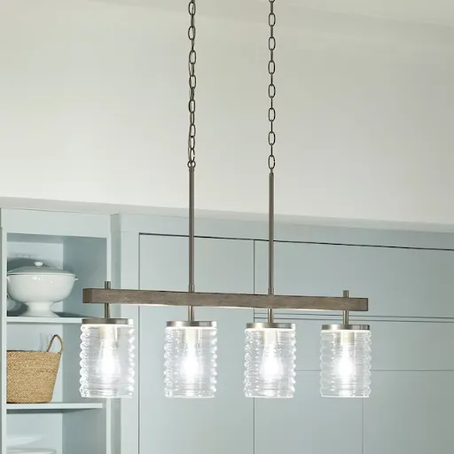 Kichler Maritime 4-Light Brushed Nickel Coastal Ribbed Glass Linear Large Hanging Kitchen Island Light