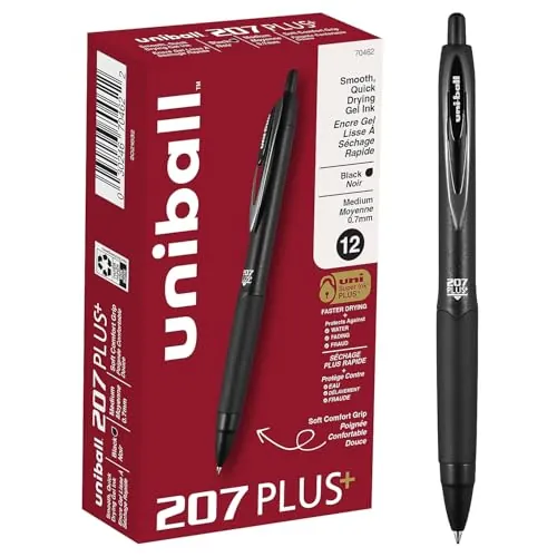 Uniball 207 Plus+ Gel Pens, Black Ink, 0.7mm Medium Point, 12 Count