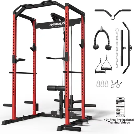 Mikolo Multi-Functional Squat Rack Power Cage w/ LAT Pulldown Cable System (Red)
