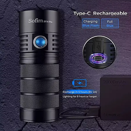 Sofirn SP36 Pro 8000-Lumen USB-C Rechargeable Flashlight w/ Batteries