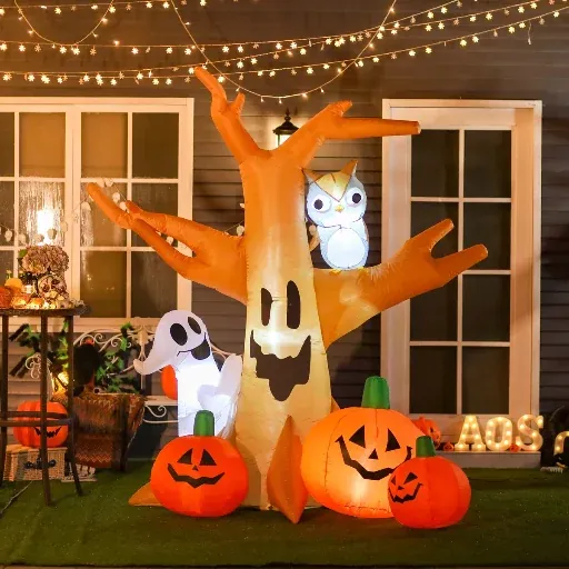 The Twillery Co. Outdoor Lighted Halloween Inflatable Tree with Ghost, Jack-O-Lanterns, and Owl