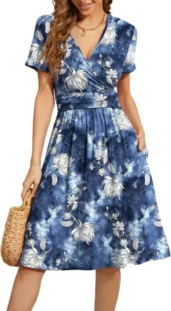 WEACZZY Women's V-Neck Floral Party Dress w/ Pockets
