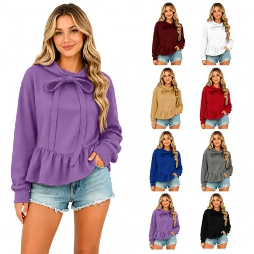 Tie Neck Long Sleeve Ruffle Hem Shirts