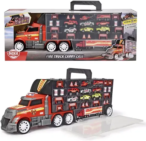 Dickie Toys Fire Truck Transporter Carry Case w/ 9 Die-Cast Cars & 18 Accessories