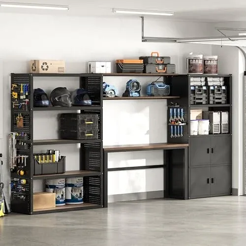 FLEXIMOUNTS 129" 3-in-1 Modular Garage Storage Cabinet System w/ Workbench, Shelves & 2 Cabinets (Black)