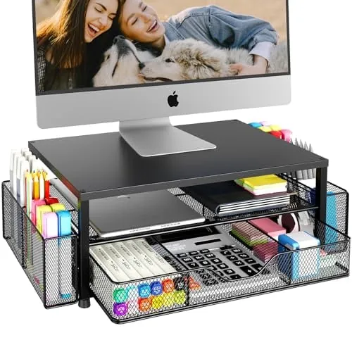 OPNICE 2-Tier Monitor Stand Riser w/ Drawer & Pen Holders